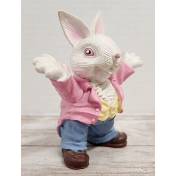 Vintage Easter Bunny Figurine Rabbit Statue 4" Pink Jacket Blue Pants Brown Shoe - Picture 2 of 11